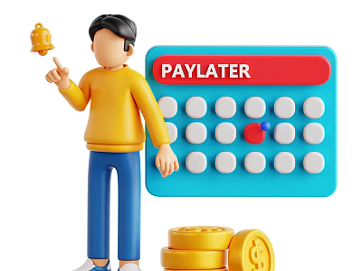 Game Movie Character In Yellow Shirt Pointing At PAYLATER Device With Gold Coins 3d model