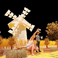 Golden Wheat Field Photo Check-in Spot With Wooden Plank Path Scarecrows And Windmill