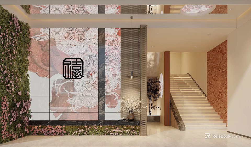 Modern Lobby Interior With Large Art Mural Dragon Pattern Staircase And Floral Decoration 3d model 