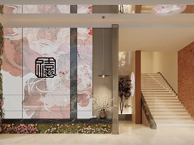 Modern Lobby Interior With Large Art Mural Dragon Pattern Staircase And Floral Decoration 3d model