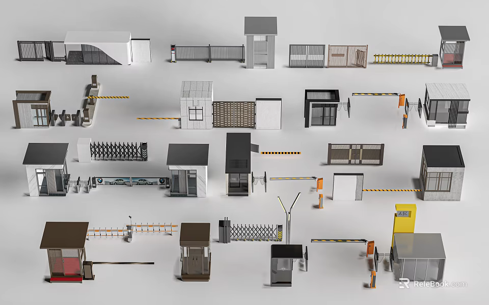 Various Security Entrance Facilities Including Gates Fences Guard Posts And Barriers 3d model