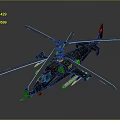 Blue Military Helicopter Model with Multiple Rotors Yellow Markings Weapons on Dark Background Reflection