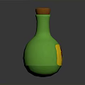 Green Glass Bottle With Wooden Cork And Yellow Label Featuring Red Decorative Design