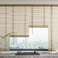 Bamboo Blinds in Modern Interior with City View and Potted Plant Tea Set on Table