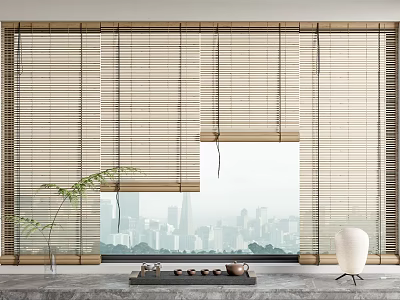 Bamboo Blinds in Modern Interior with City View and Potted Plant Tea Set on Table 3d model