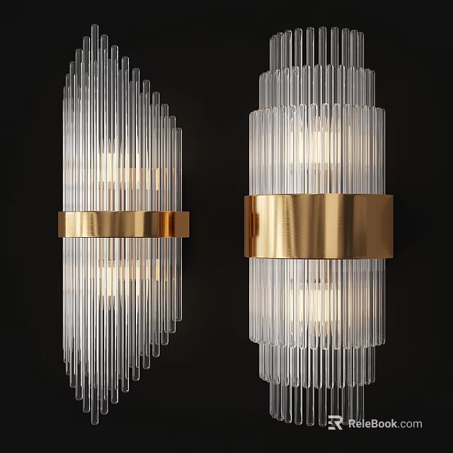 Modern Wall Lamps With Transparent Striped Glass And Gold Metal Ring Design 3d model 