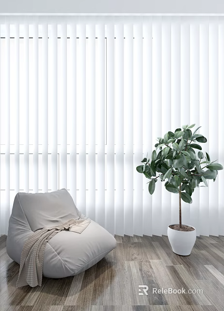Beige Bean Bag Chair With Blanket And Green Plant By White Blinds 3d model 