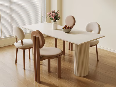 White Dining Table with Light Colored Chairs Pink Flower Vase Fruit Bowl on Fluted Base 3d model