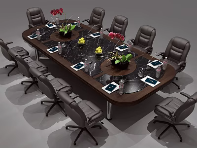 Modern Round Conference Table With Marble Top Office Chairs And Flower Arrangements 3d model