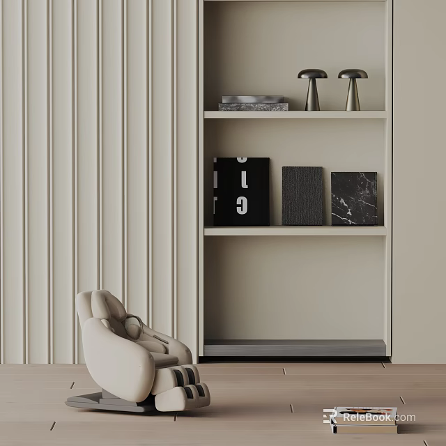 Beige Massage Chair in Room with Light Vertical Striped Wall White Bookshelf and Metal Decorations 3d model 