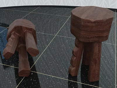 Natural Wooden Side Table With Solid Wood Legs On Black Textured Floor 3d model