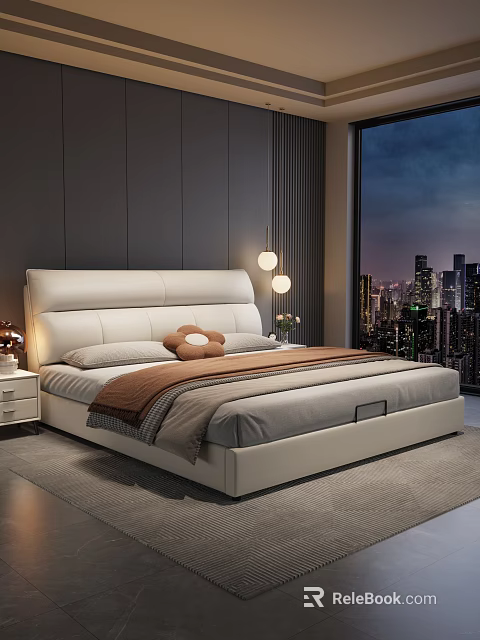 Modern Double Bed with White Leather Headboard City View Table Lamp and Brown Blanket 3d model 