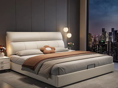 Modern Double Bed with White Leather Headboard City View Table Lamp and Brown Blanket 3d model