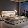 Modern Double Bed with White Leather Headboard City View Table Lamp and Brown Blanket