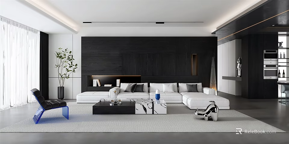 Modern Open Concept Living Dining Room Interior With Sofa Coffee Table And Lighting 3d model 