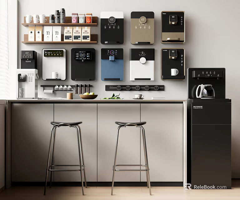 Daily Electrical Appliances Arranged on Kitchen Wall with Modern Counter and Stools 3d model 