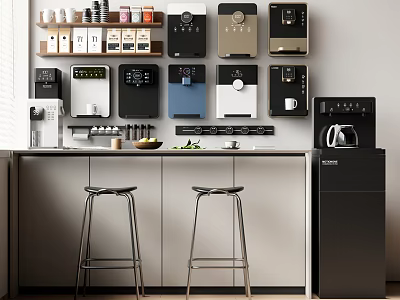 Daily Electrical Appliances Arranged on Kitchen Wall with Modern Counter and Stools 3d model