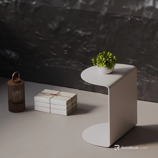 Modern White Minimalist Side Table With Small Green Plant Wooden Lantern And Tied Box Stack 3d model 