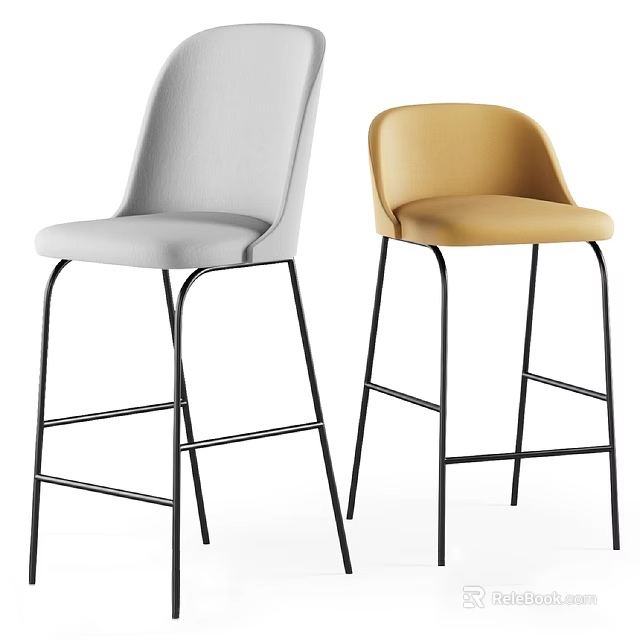 Modern Grey and Yellow Bar Stools with Black Metal Frames and Upholstered Seats 3d model 