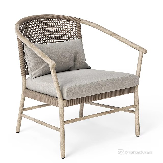 Natural Style Leisure Chair With Rattan Back Wooden Armrests And Gray Cushion 3d model 