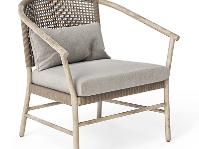 Natural Style Leisure Chair With Rattan Back Wooden Armrests And Gray Cushion 3d model
