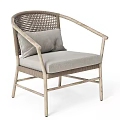 Natural Style Leisure Chair With Rattan Back Wooden Armrests And Gray Cushion