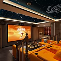 Modern Home Theater with Starry Ceiling Orange Seating and Wine Cabinet Setup 3d model