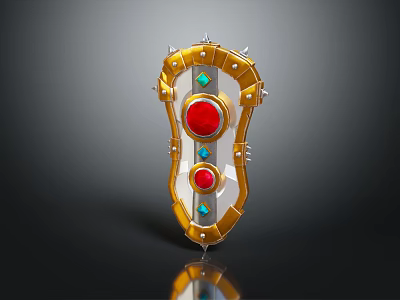 Ornate Decorative Shield With Golden Frame Red Blue Gemstones And Spiked Design 3d model
