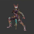 Cyberpunk Sci-Fi Character with Mechanical Helmet Antenna Green Jacket Robotic Legs Holding Weapon Action Pose