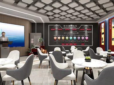 Modern Conference Room Interior With Round Tables Chairs Large Screen And Display Board 3d model
