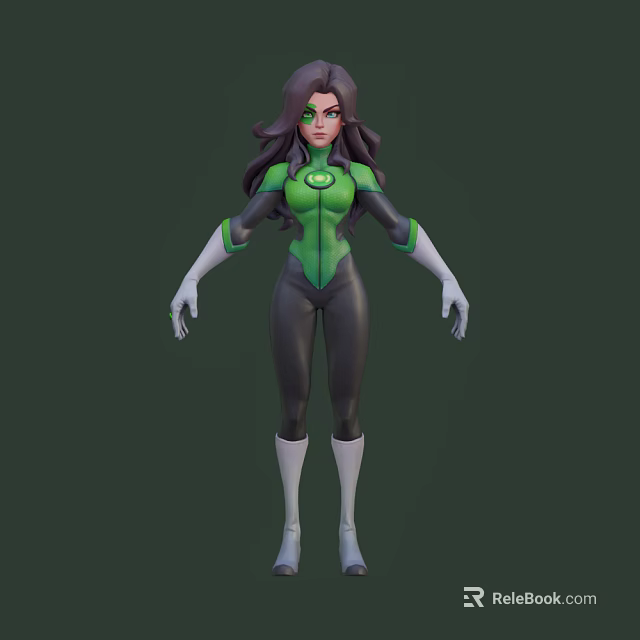 Female Game Movie Character In Green Black Bodysuit With Chest Logo White Gloves And Boots 3d model