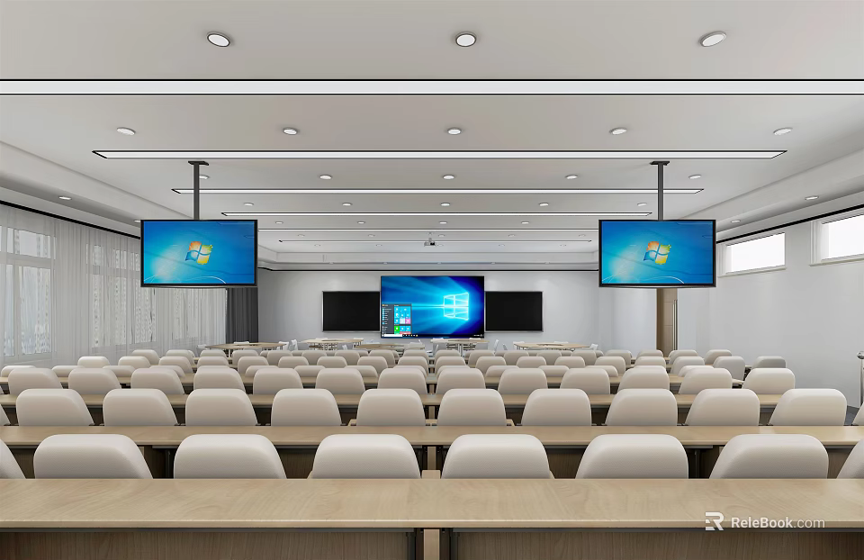 School Modern Lecture Hall With Rows Of White Seats And Large Display Screens 3d model 