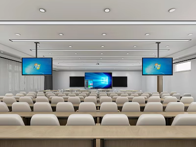 School Modern Lecture Hall With Rows Of White Seats And Large Display Screens 3d model