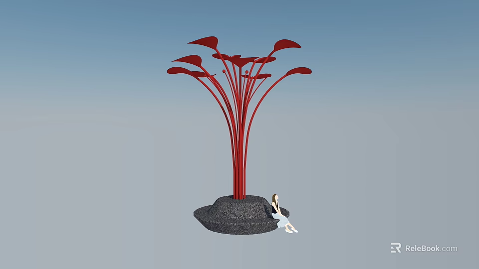 Red Tree Shaped Landscape Seat With Gray Base And Person Sitting 3d model