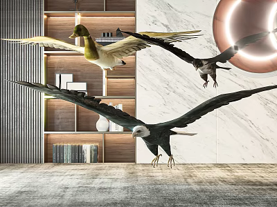 Flying Animals Eagles And Ducks In Modern Interior With Bookshelves Lighting Marble Wall And Rug 3d model