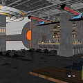 Modern Bar Interior With Neon Lights Wine Racks And Tables Chairs
