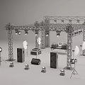 Stage Equipment Setup With Metal Truss Lighting Sound Speakers And Microphone Stands