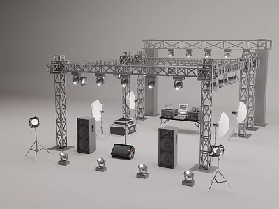 Stage Equipment Setup With Metal Truss Lighting Sound Speakers And Microphone Stands 3d model