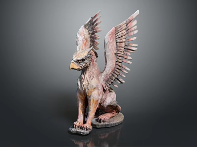 Intricate Detailed Winged Griffin Sculpture Carving With Spread Wings In Sitting Pose 3d model