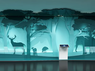 Light Blue Backdrop With Natural Themed Silhouette Display Of Animals Trees And Interactive Kiosk 3d model