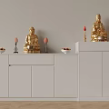 Modern White Buddhist Altar Cabinet With Golden Buddha Statues Candles And Fruit Offerings
