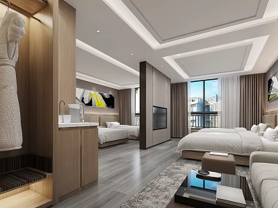 Modern Hotel Room Interior With Wooden Furniture Bed TV And Sofa 3d model