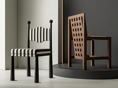 Modern Dining Chairs With Black And White Striped Upholstery And Wooden Lattice Backrest Design 3d model