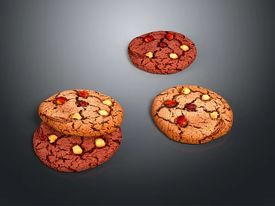 Chocolate Cookies With Nuts Red Dried Fruits And Cracked Surface On Dark Background 3d model