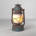 Vintage Rustic Candle Lantern With Blue Metal Frame And Glowing Light 3d model