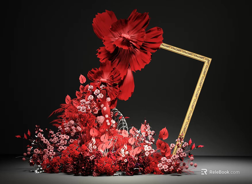 Elegant Floral Display with Red Large Flowers Golden Frame and Pink Blooms for Event 3d model 