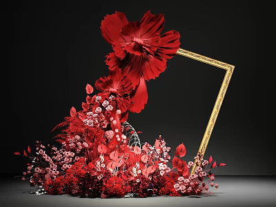 Elegant Floral Display with Red Large Flowers Golden Frame and Pink Blooms for Event 3d model
