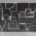 Modern Sofa Accent Wall Design With Geometric Panels And Decorative Plant 3d model