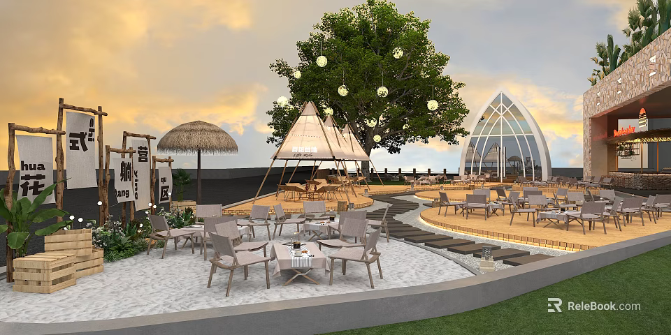 Relaxing Garden Landscape Design With Large Tree Teepee Tent Straw Umbrella And Outdoor Chairs 3d model 