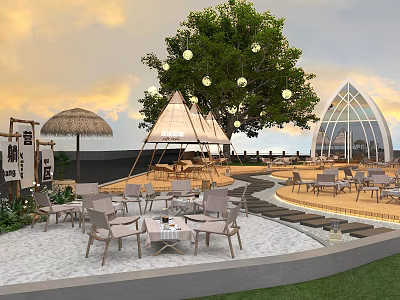 Relaxing Garden Landscape Design With Large Tree Teepee Tent Straw Umbrella And Outdoor Chairs 3d model